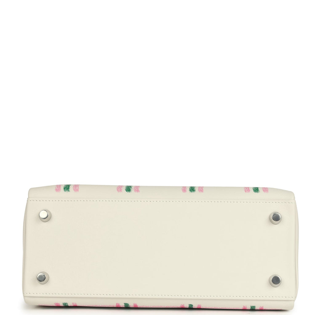 Hermes Kelly Retourne 25 "Tartan Light" Gris Pale, Vert Moyen and Bubblegum Swift Palladium Hardware