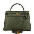 New Hermes Kelly Sellier 32 Vert Olive Ostrich Gold Hardware