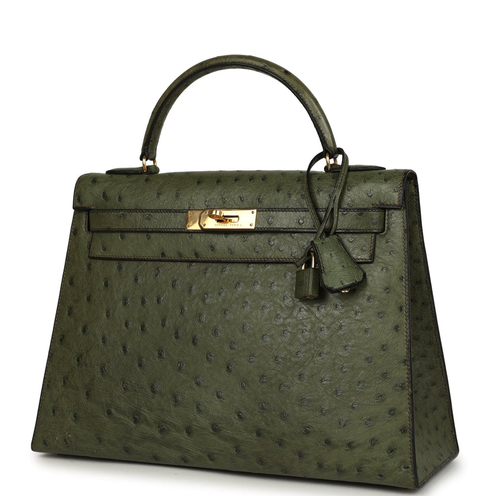 New Hermes Kelly Sellier 32 Vert Olive Ostrich Gold Hardware