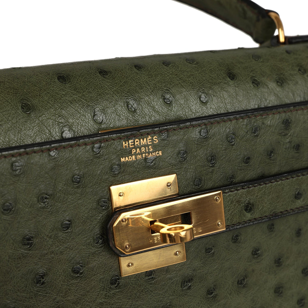 New Hermes Kelly Sellier 32 Vert Olive Ostrich Gold Hardware