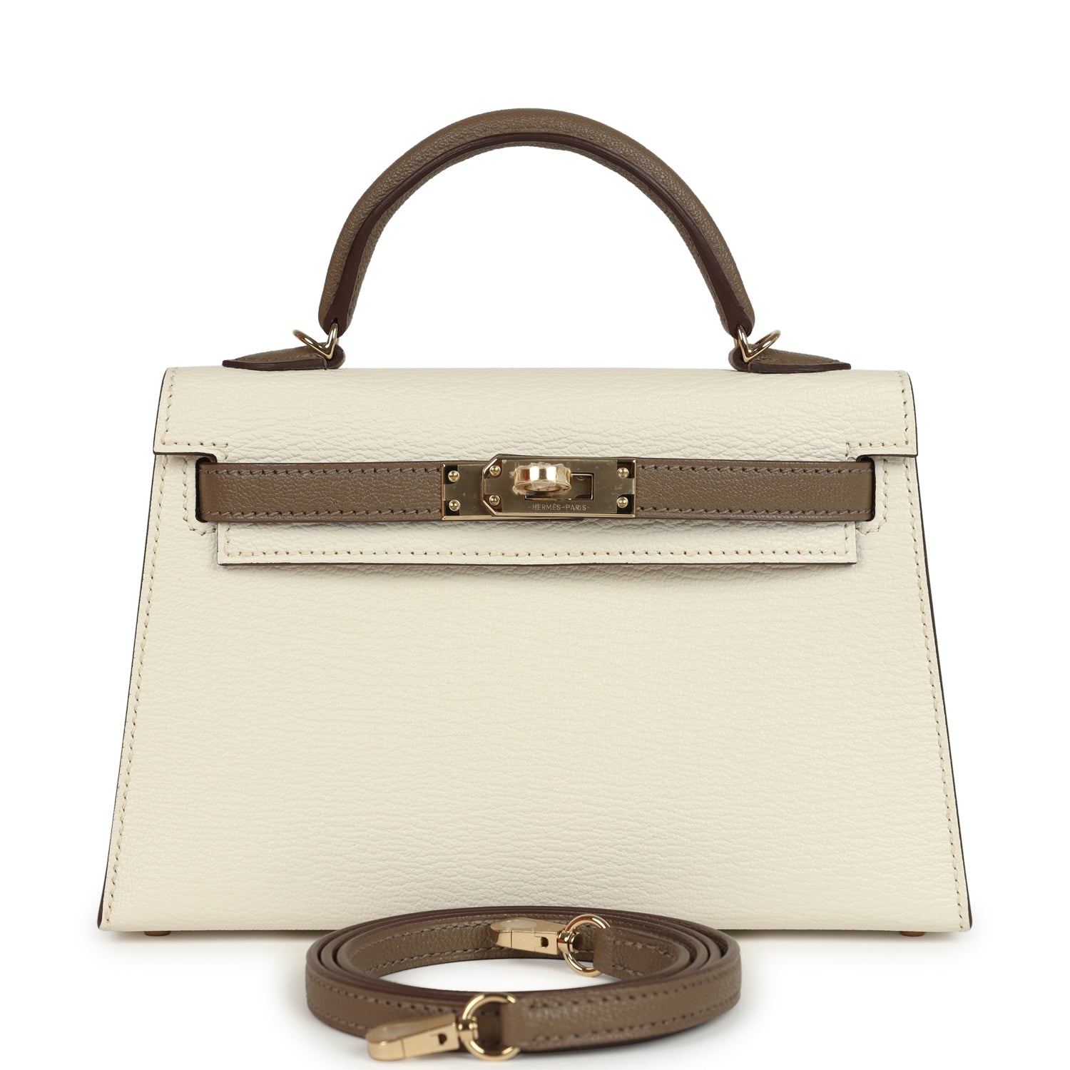 Hermes Special Order (HSS) Kelly Sellier 20 Nata and Etoupe Chevre Mysore Permabrass Hardware