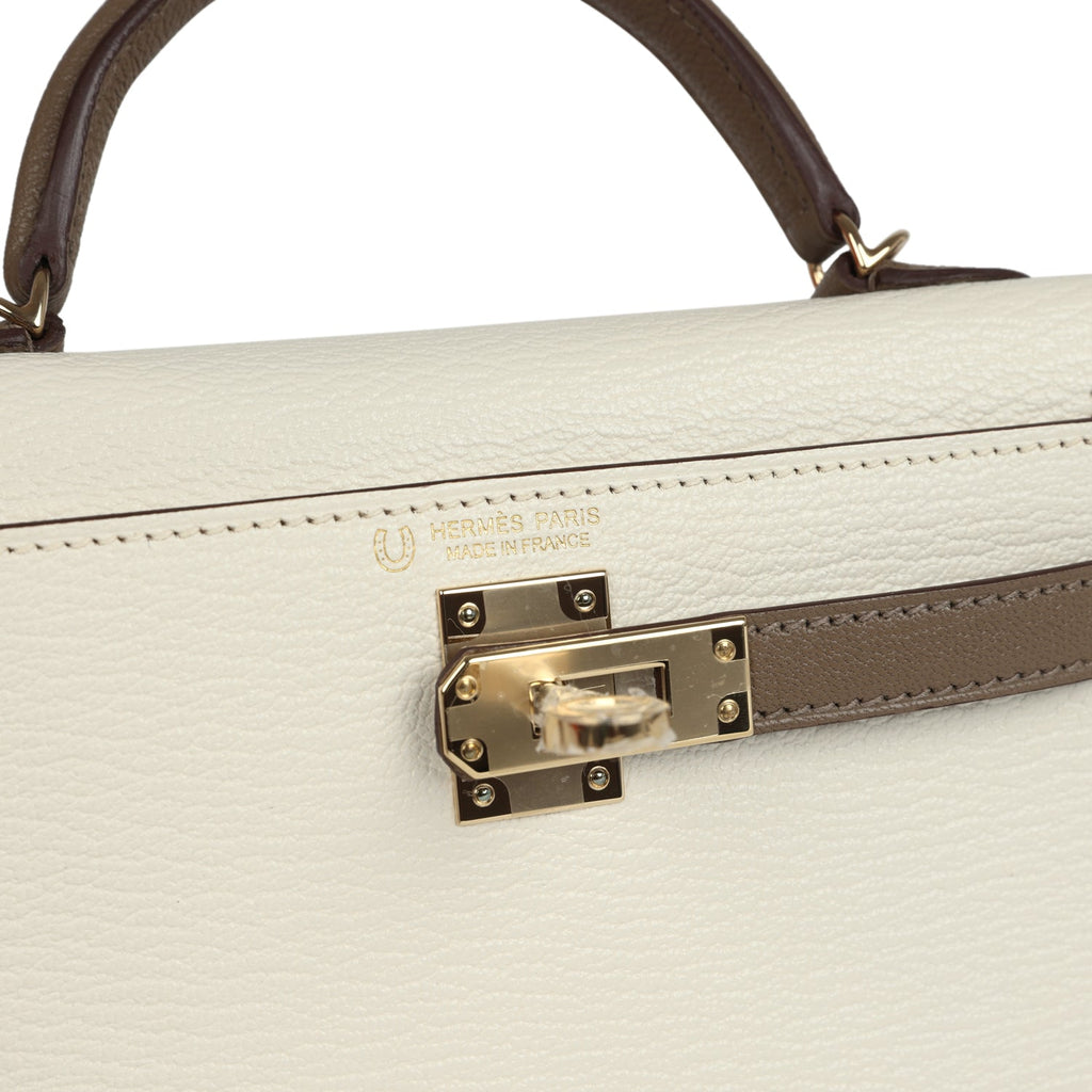 Hermes Special Order (HSS) Kelly Sellier 20 Nata and Etoupe Chevre Mysore Permabrass Hardware
