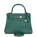 Hermes Au Pas Kelly Retourne 28 Malachite Togo, Black, Bleu Zanzibar Evercolor and Box Palladium Hardware