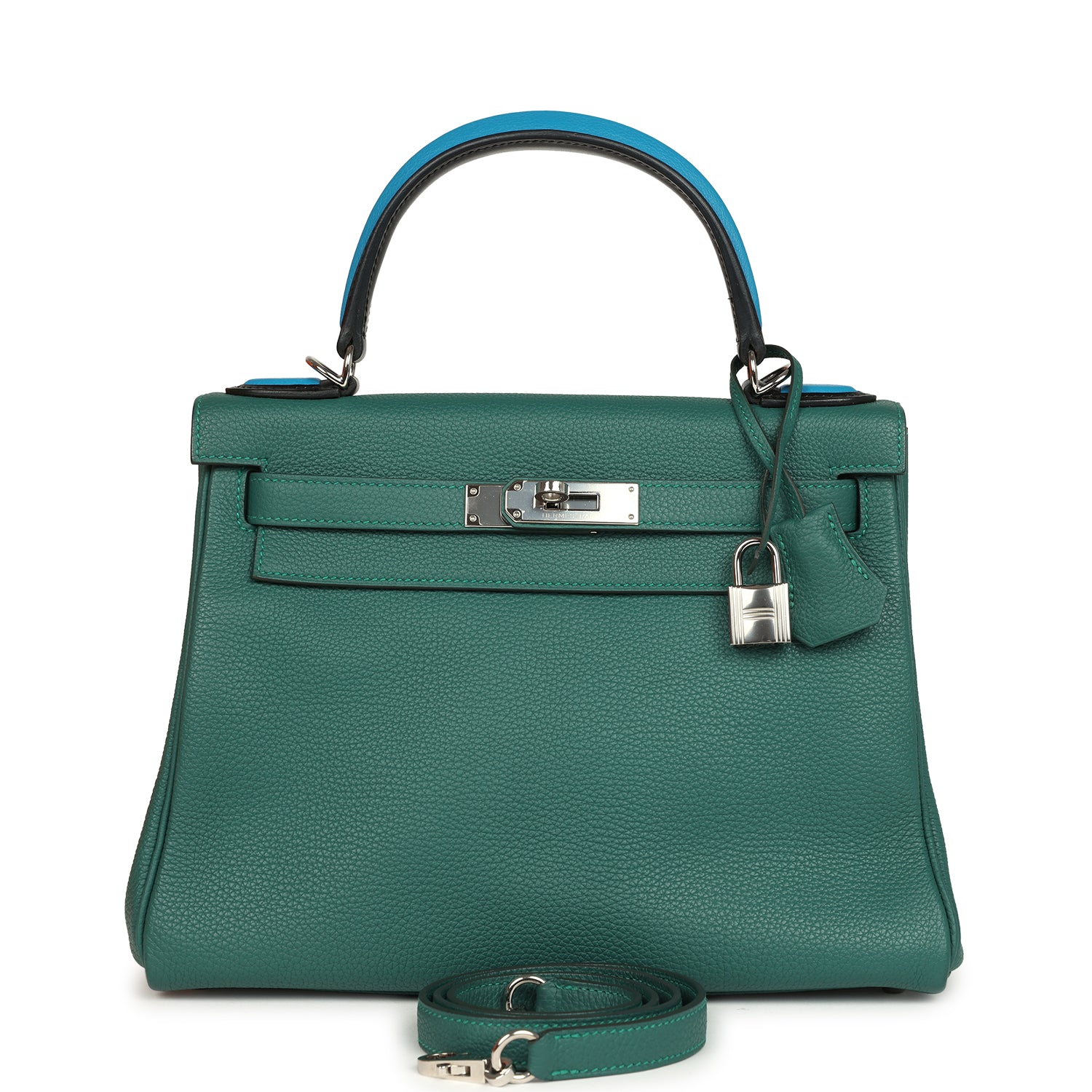 Hermes Au Pas Kelly Retourne 28 Malachite Togo, Black, Bleu Zanzibar Evercolor and Box Palladium Hardware