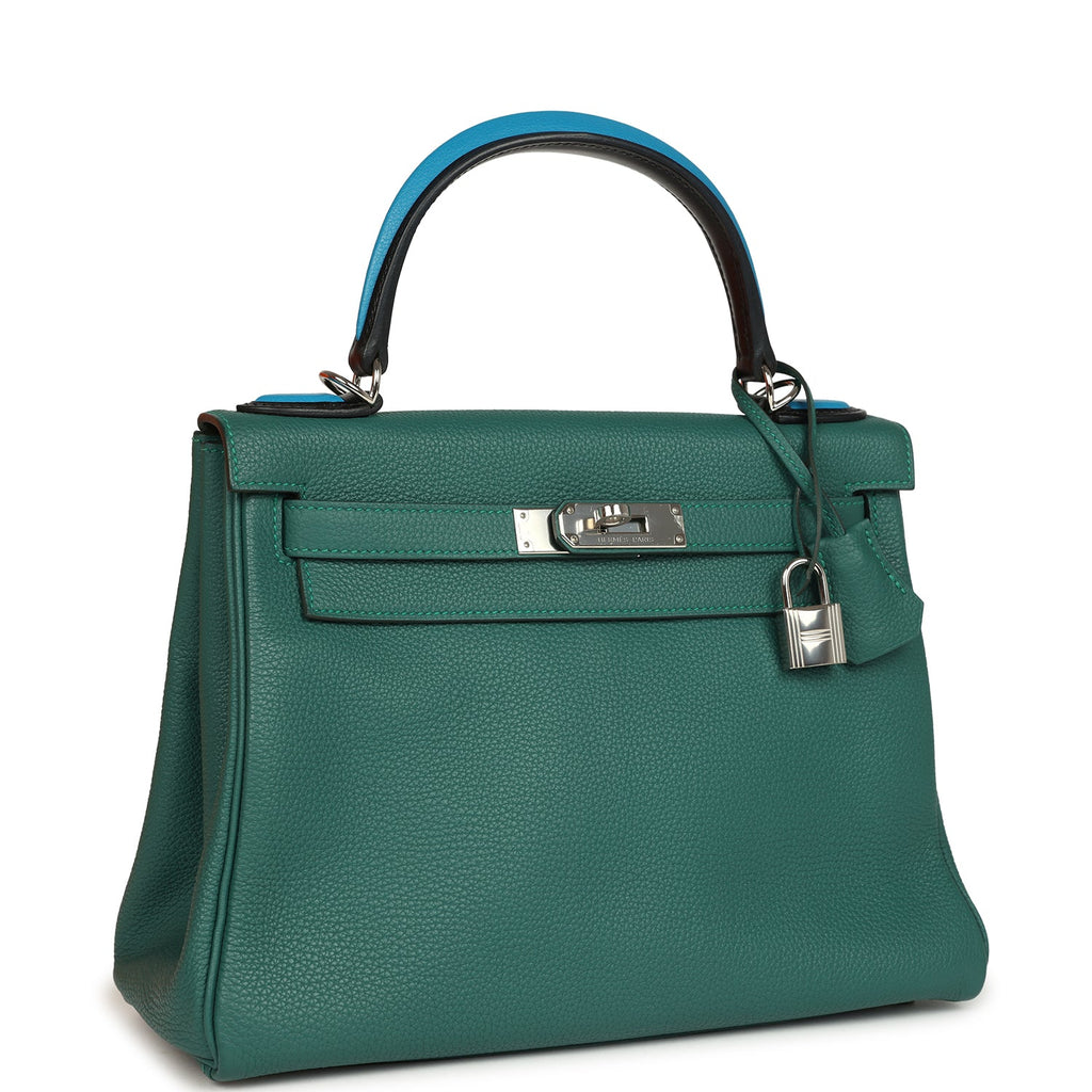 Hermes Au Pas Kelly Retourne 28 Malachite Togo, Black, Bleu Zanzibar Evercolor and Box Palladium Hardware