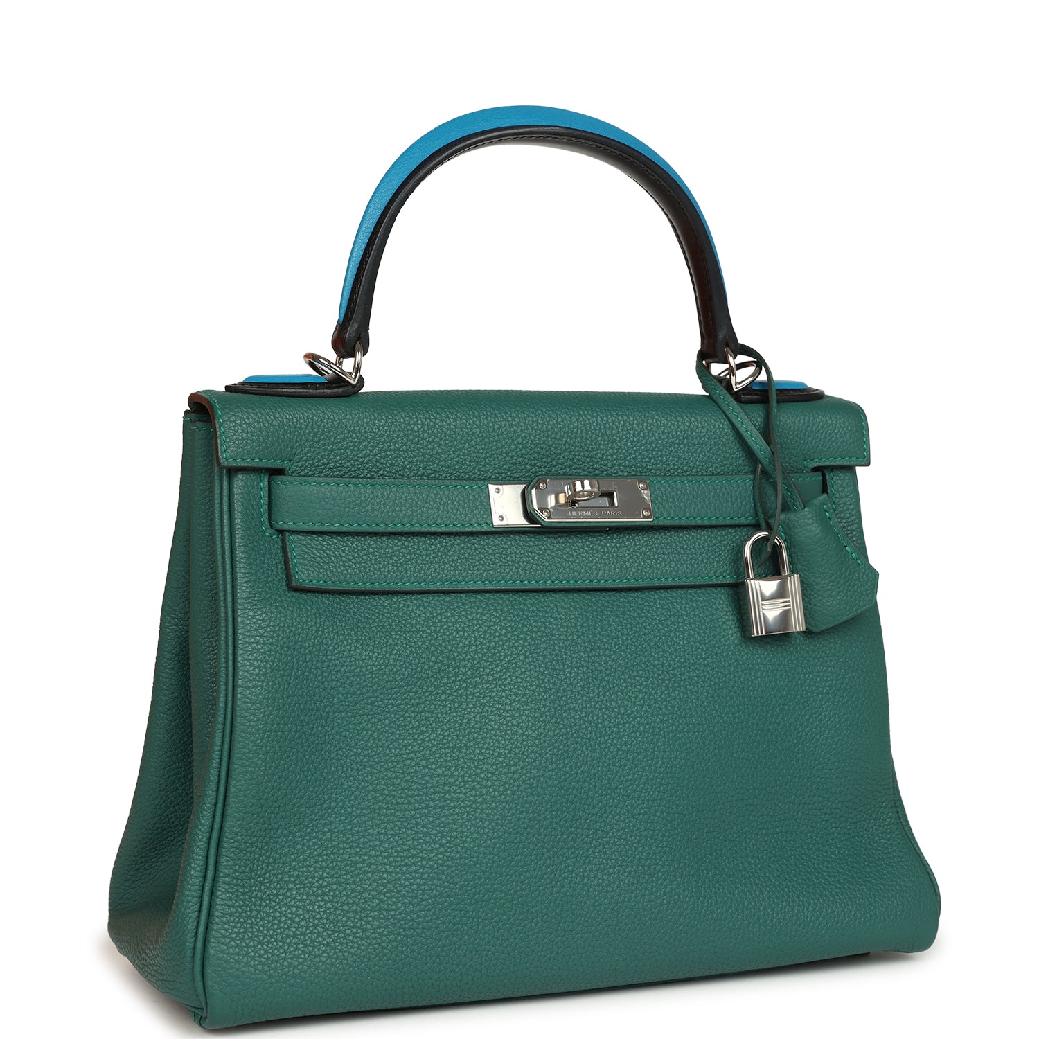 Hermes Au Pas Kelly Retourne 28 Malachite Togo, Black, Bleu Zanzibar Evercolor and Box Palladium Hardware