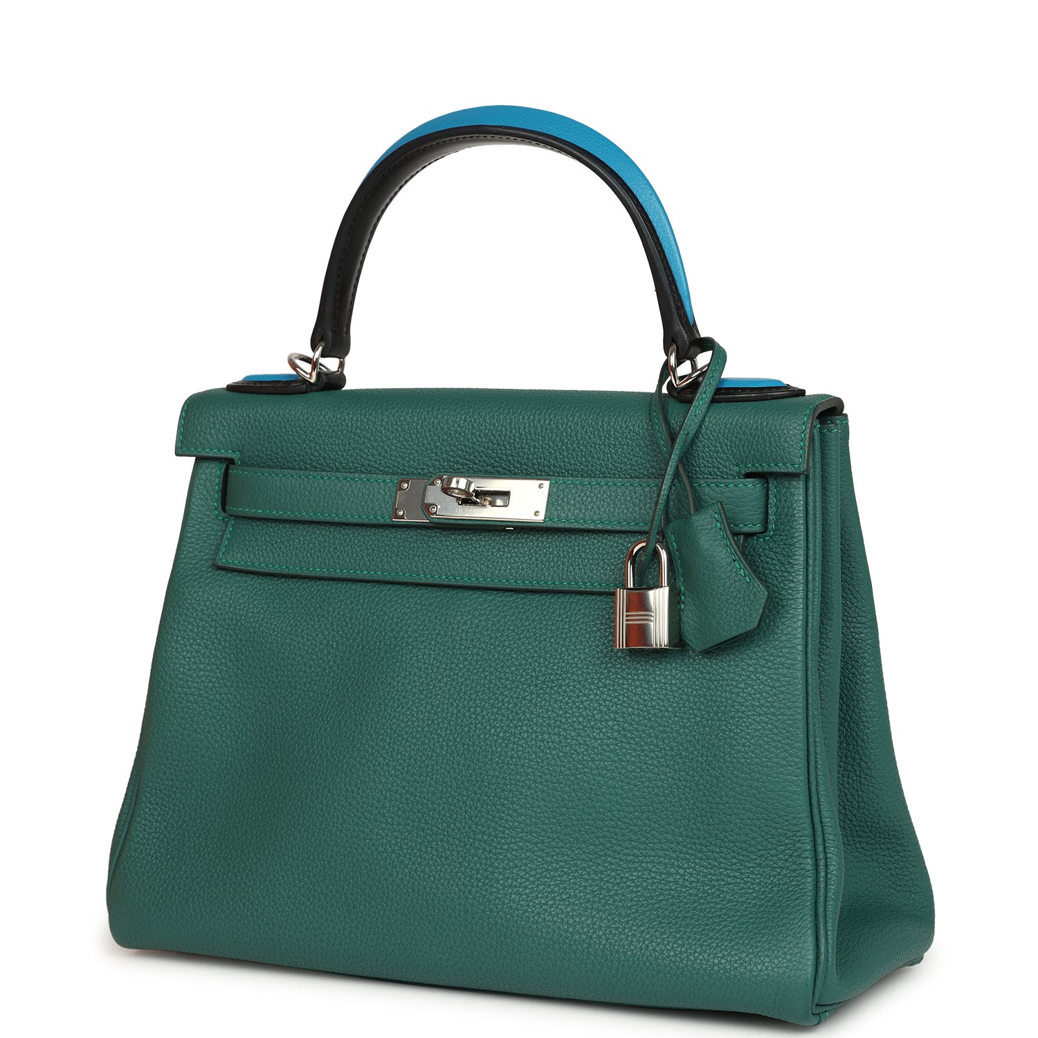 Hermes Au Pas Kelly Retourne 28 Malachite Togo, Black, Bleu Zanzibar Evercolor and Box Palladium Hardware