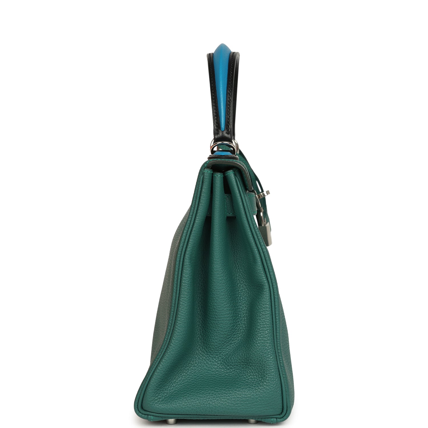 Hermes Au Pas Kelly Retourne 28 Malachite Togo, Black, Bleu Zanzibar Evercolor and Box Palladium Hardware