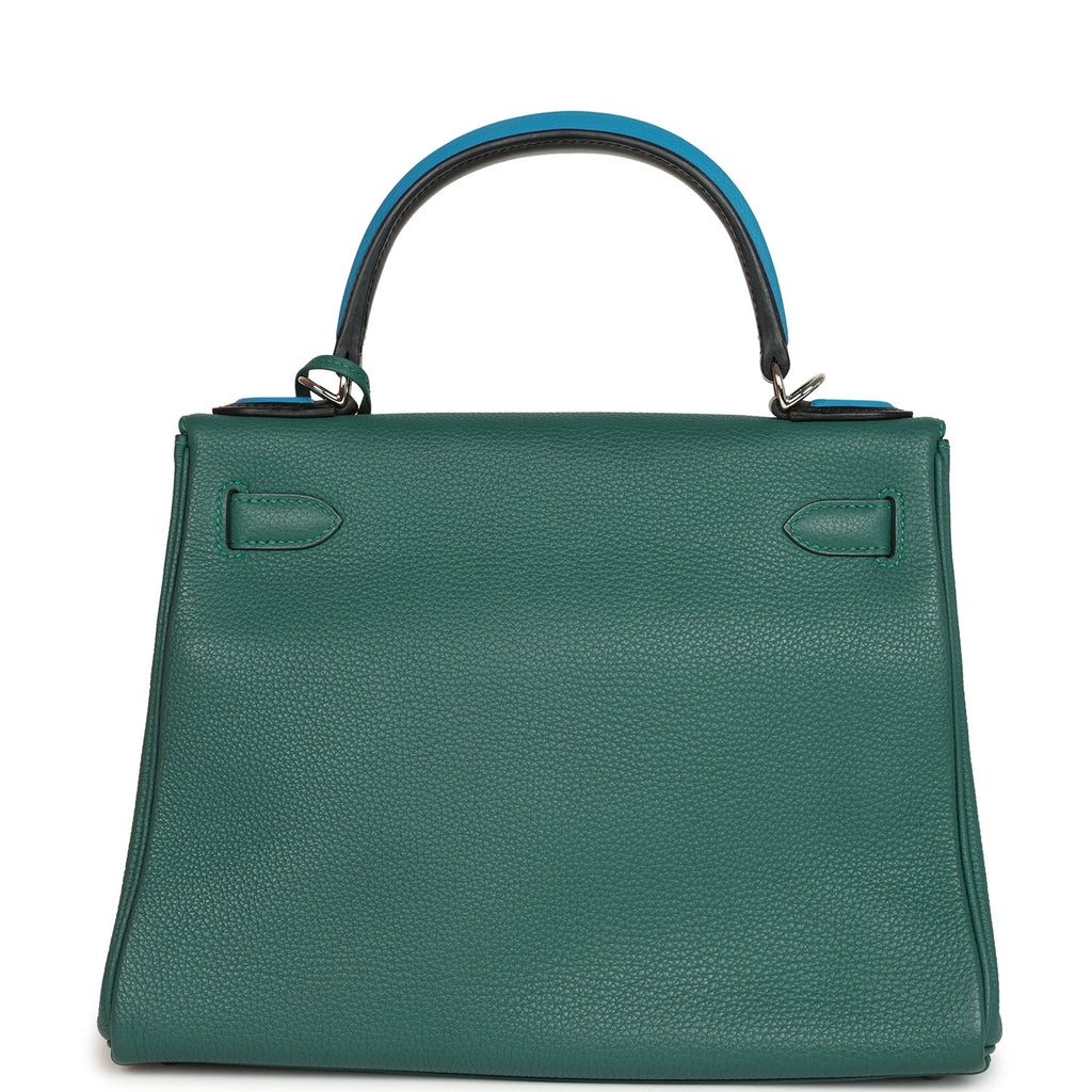 Hermes Au Pas Kelly Retourne 28 Malachite Togo, Black, Bleu Zanzibar Evercolor and Box Palladium Hardware