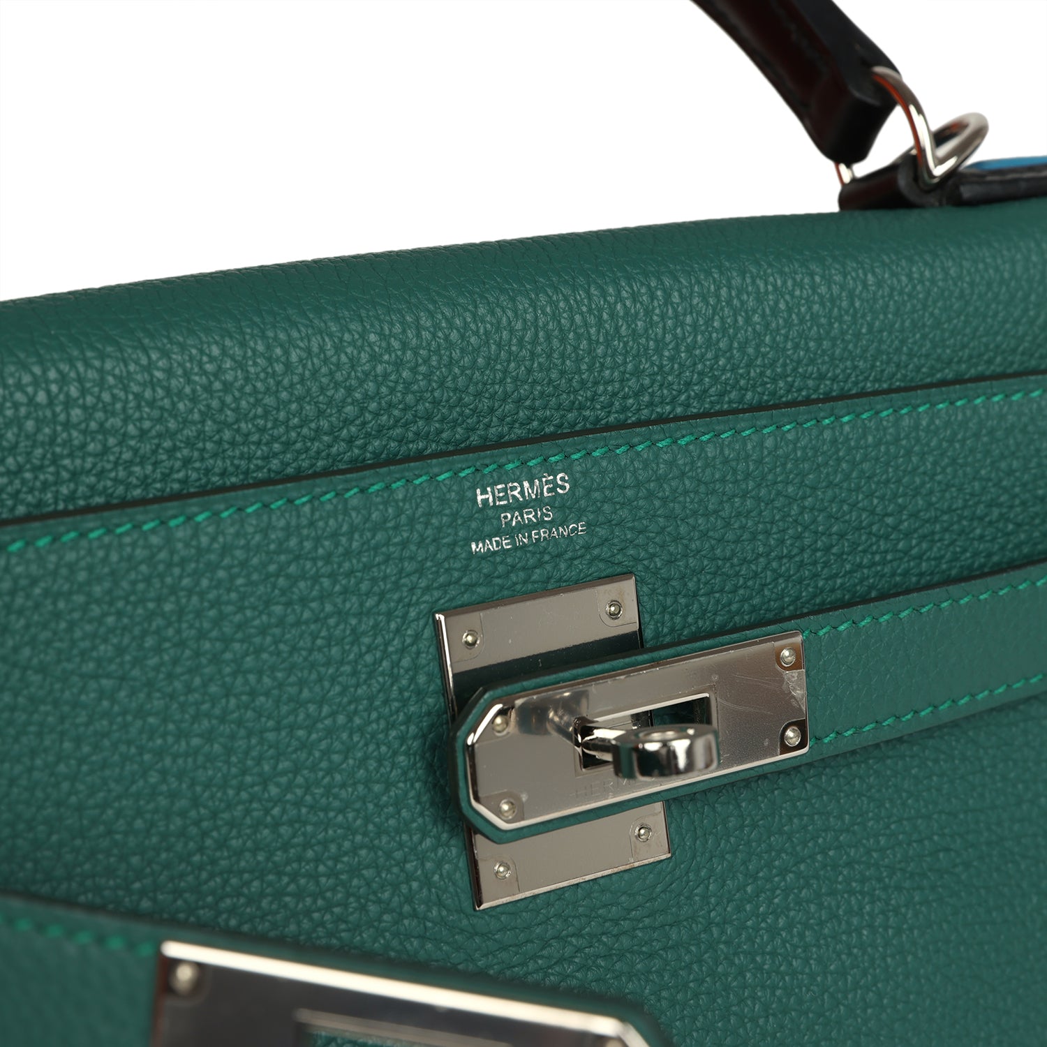 Hermes Au Pas Kelly Retourne 28 Malachite Togo, Black, Bleu Zanzibar Evercolor and Box Palladium Hardware