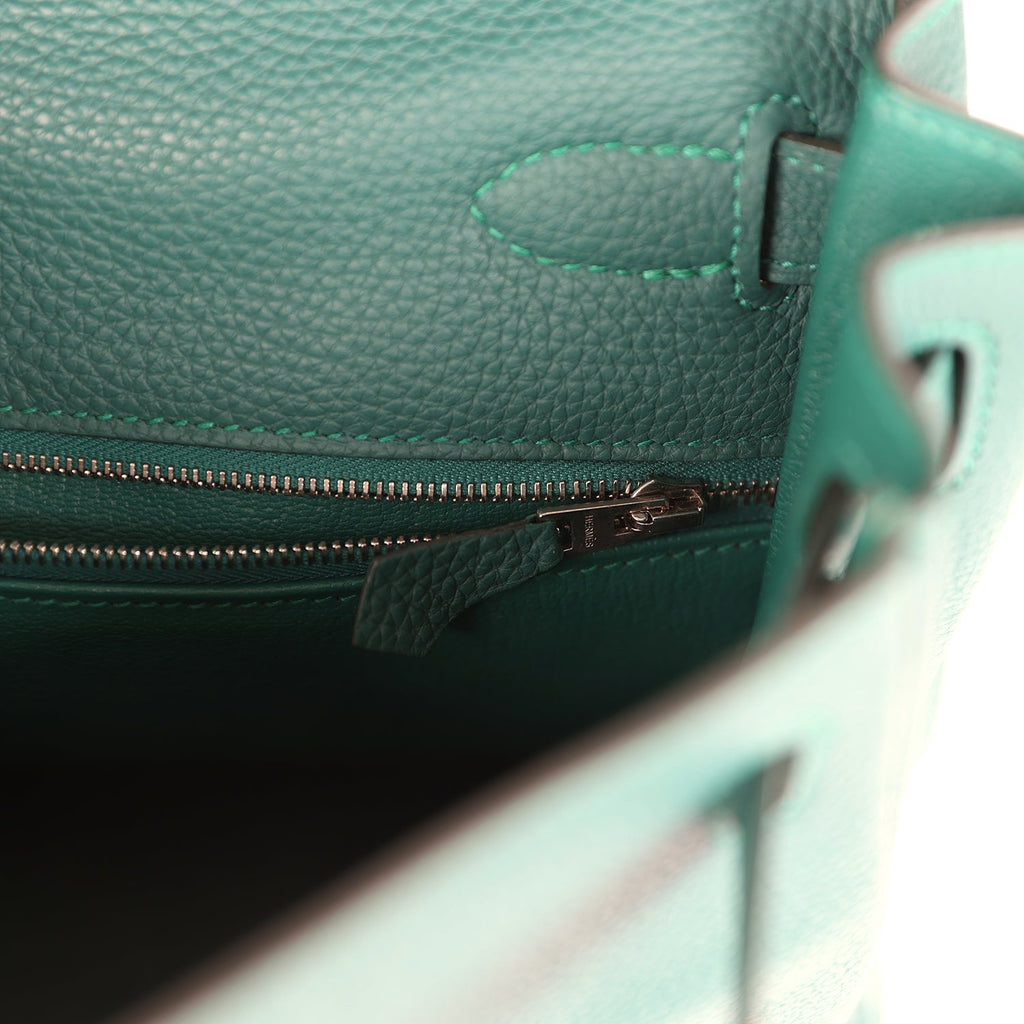 Hermes Au Pas Kelly Retourne 28 Malachite Togo, Black, Bleu Zanzibar Evercolor and Box Palladium Hardware
