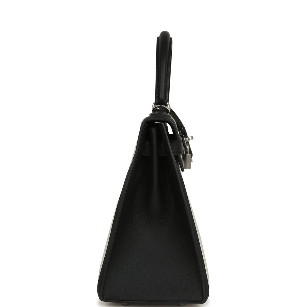 Hermes Kelly Sellier 28 Black Swift and Ecru-Black Toile H Canvas Palladium Hardware