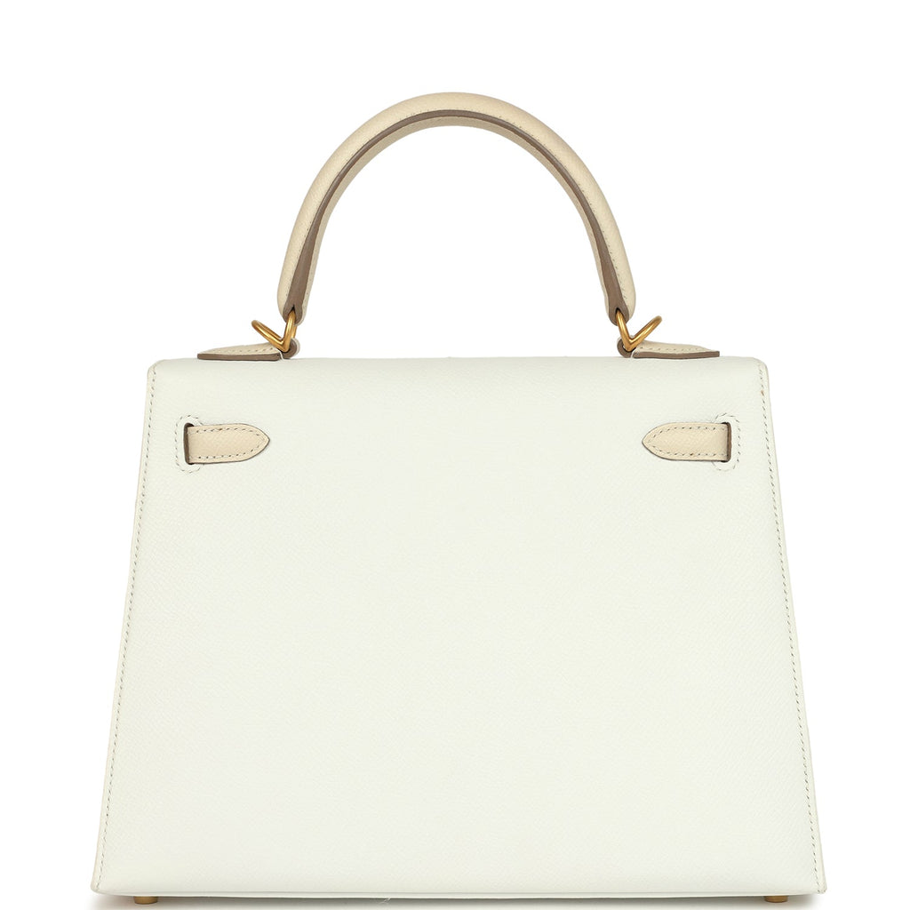 Hermes Special Order (HSS) Kelly Sellier 25 White and Trench Epsom Brushed Gold Hardware