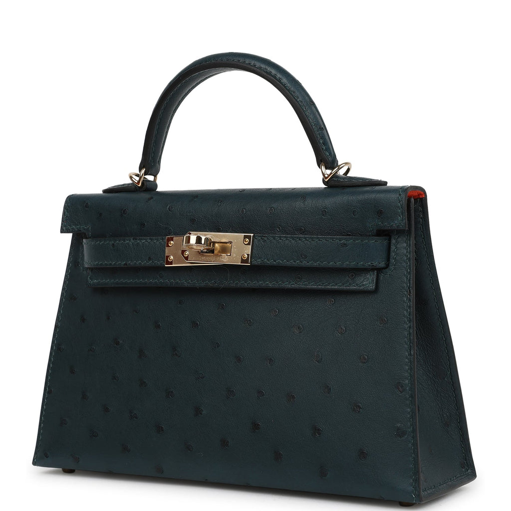 Hermes Special Order (HSS) Kelly Sellier 20 Vert Cypres Verso Ostrich Permabrass Hardware