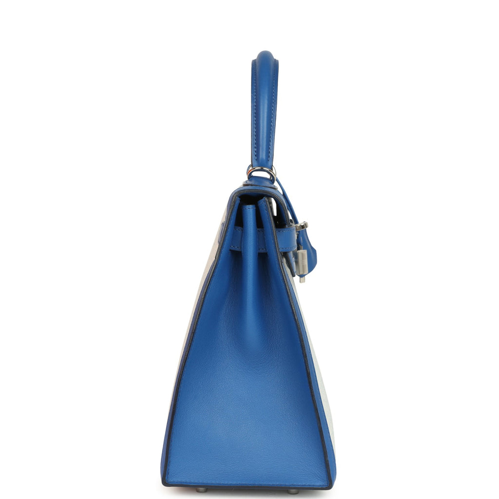 Pre-owned Hermes Kelly Sellier 28 Bleu France Swift and Ecru-Bleu Bill Toile H Canvas Palladium Hardware