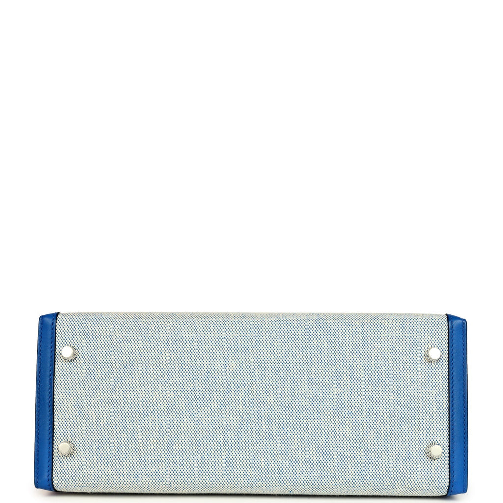 Pre-owned Hermes Kelly Sellier 28 Bleu France Swift and Ecru-Bleu Bill Toile H Canvas Palladium Hardware