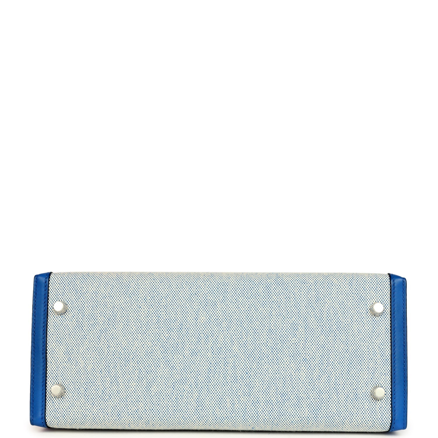Pre-owned Hermes Kelly Sellier 28 Bleu France Swift and Ecru-Bleu Bill Toile H Canvas Palladium Hardware
