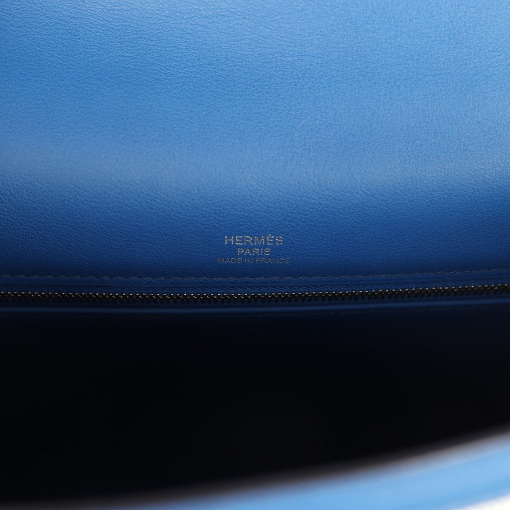 Pre-owned Hermes Kelly Sellier 28 Bleu France Swift and Ecru-Bleu Bill Toile H Canvas Palladium Hardware