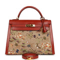 New Hermes "Kimono" Kelly Sellier 32 Brique Box and Embroidered Silk Gold Hardware