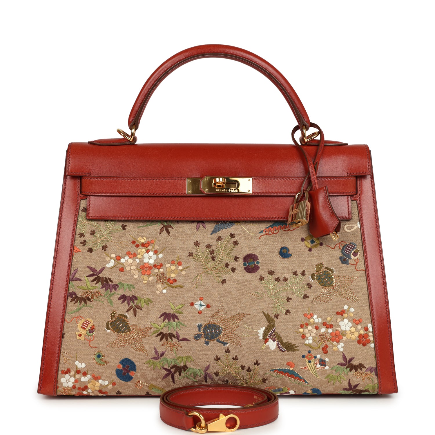 New Hermes "Kimono" Kelly Sellier 32 Brique Box and Embroidered Silk Gold Hardware