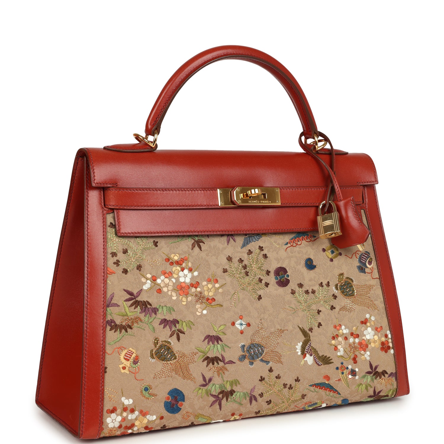 New Hermes "Kimono" Kelly Sellier 32 Brique Box and Embroidered Silk Gold Hardware