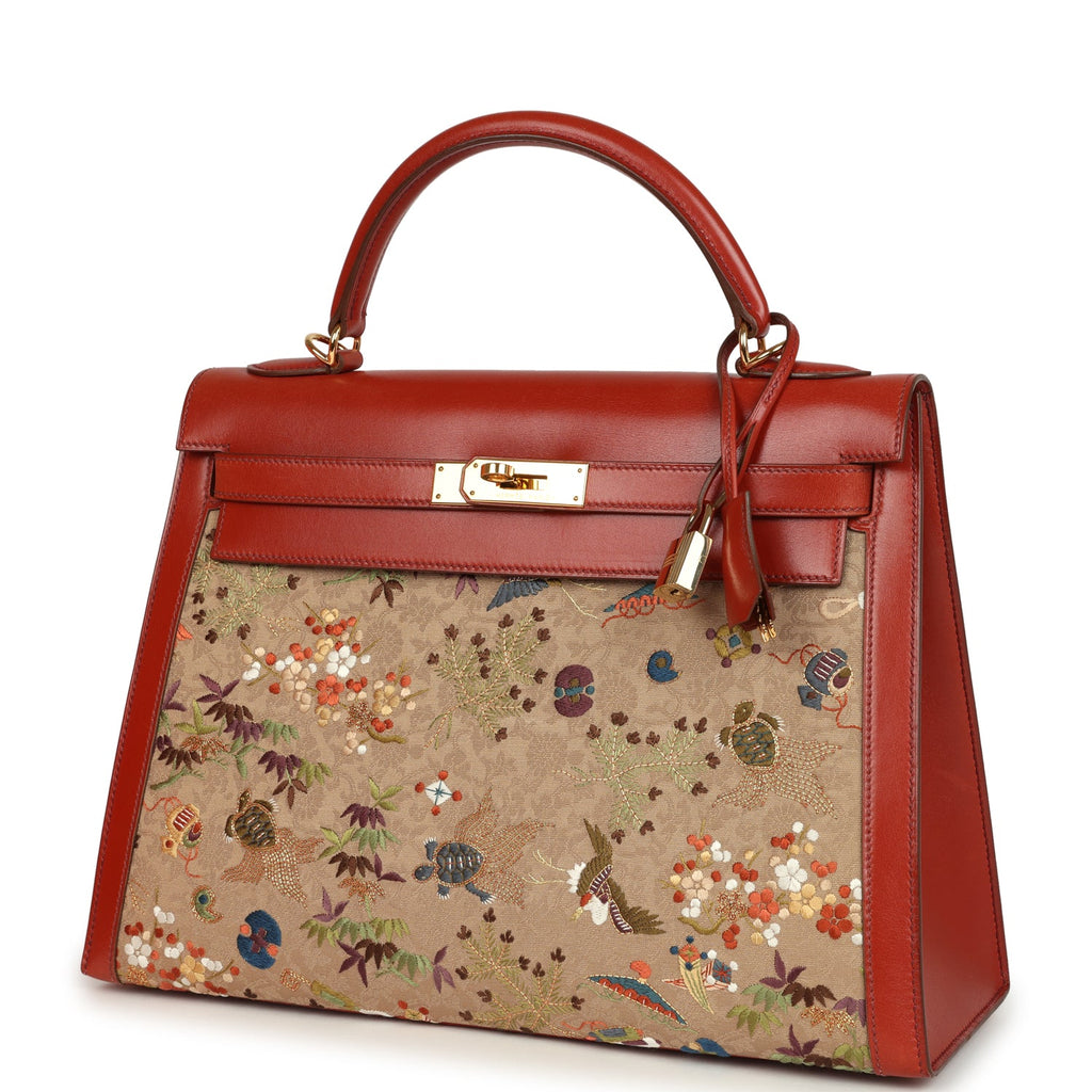 Vintage Hermes "Kimono" Kelly Sellier 32 Brique Box and Embroidered Silk Gold Hardware