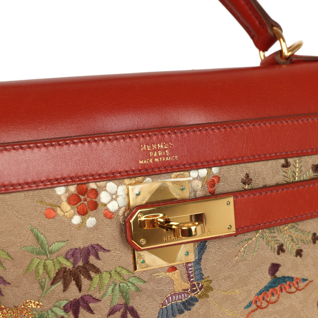 Vintage Hermes "Kimono" Kelly Sellier 32 Brique Box and Embroidered Silk Gold Hardware