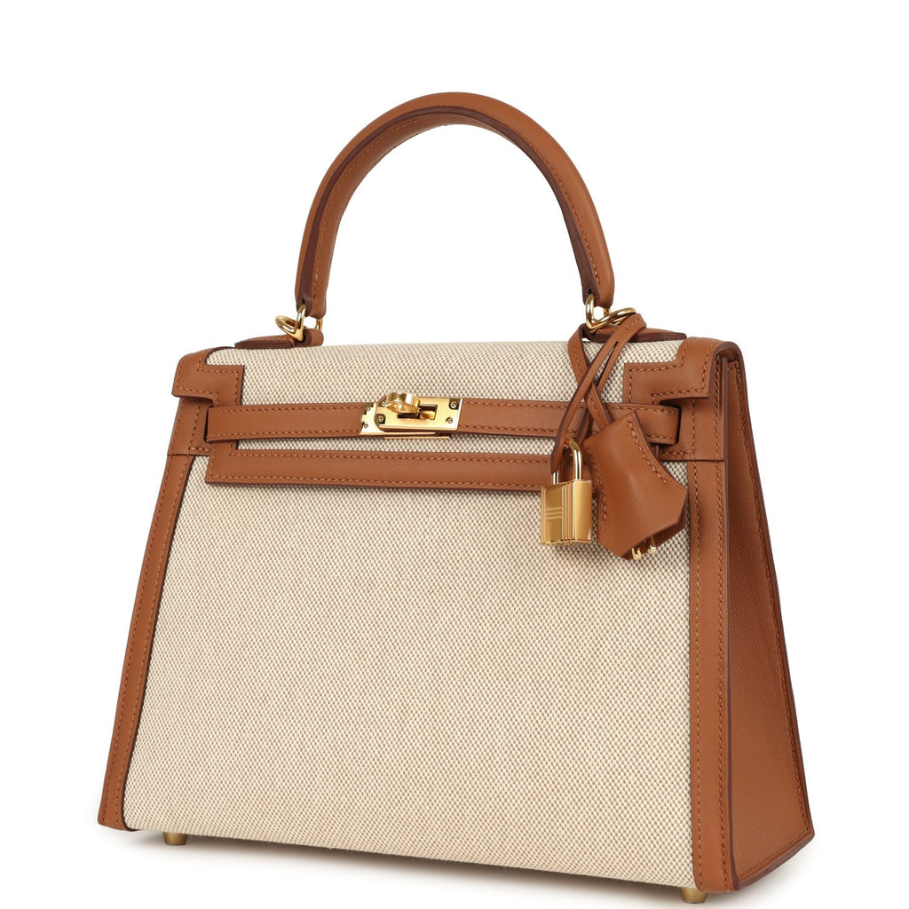 Hermes Kelly Sellier 25 Gold Swift and Ecru & Beige Toile H Canvas Gold Hardware