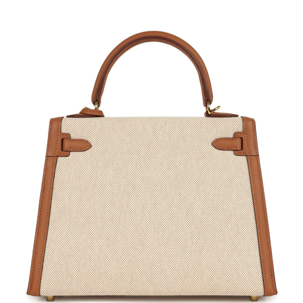 Hermes Kelly Sellier 25 Gold Swift and Ecru & Beige Toile H Canvas Gold Hardware