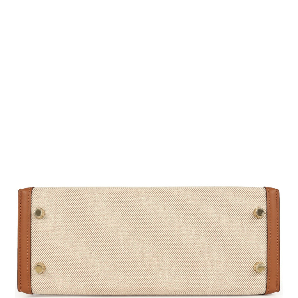 Hermes Kelly Sellier 25 Gold Swift and Ecru & Beige Toile H Canvas Gold Hardware