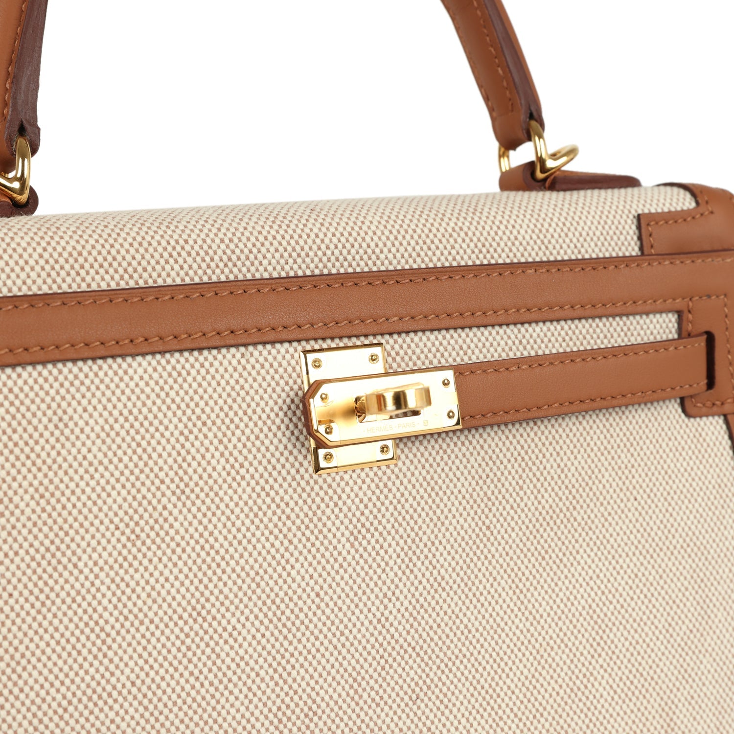 Hermes Kelly Sellier 25 Gold Swift and Ecru & Beige Toile H Canvas Gold Hardware