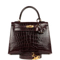 Hermes Kelly Sellier 25 Bordeaux Shiny Alligator Gold Hardware
