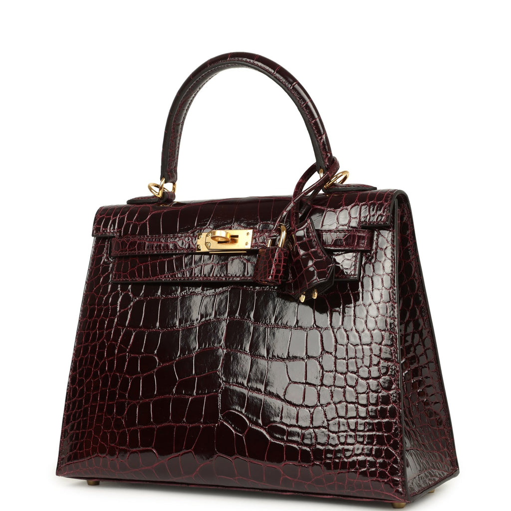 Hermes Kelly Sellier 25 Bordeaux Shiny Alligator Gold Hardware