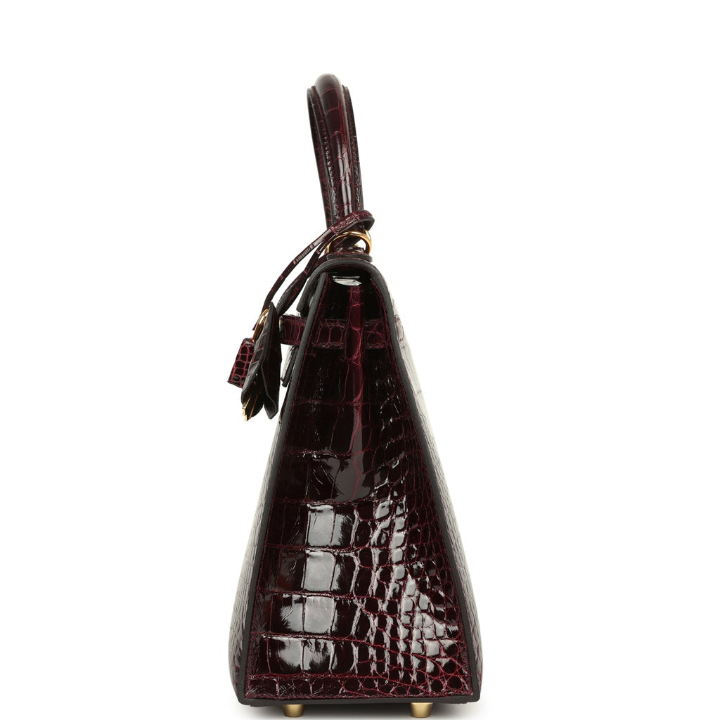 Hermes Kelly Sellier 25 Bordeaux Shiny Alligator Gold Hardware
