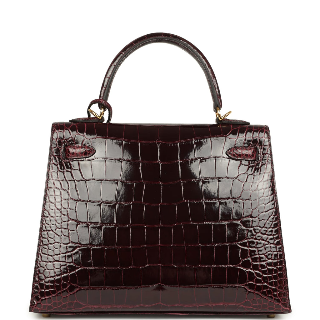 Hermes Kelly Sellier 25 Bordeaux Shiny Alligator Gold Hardware