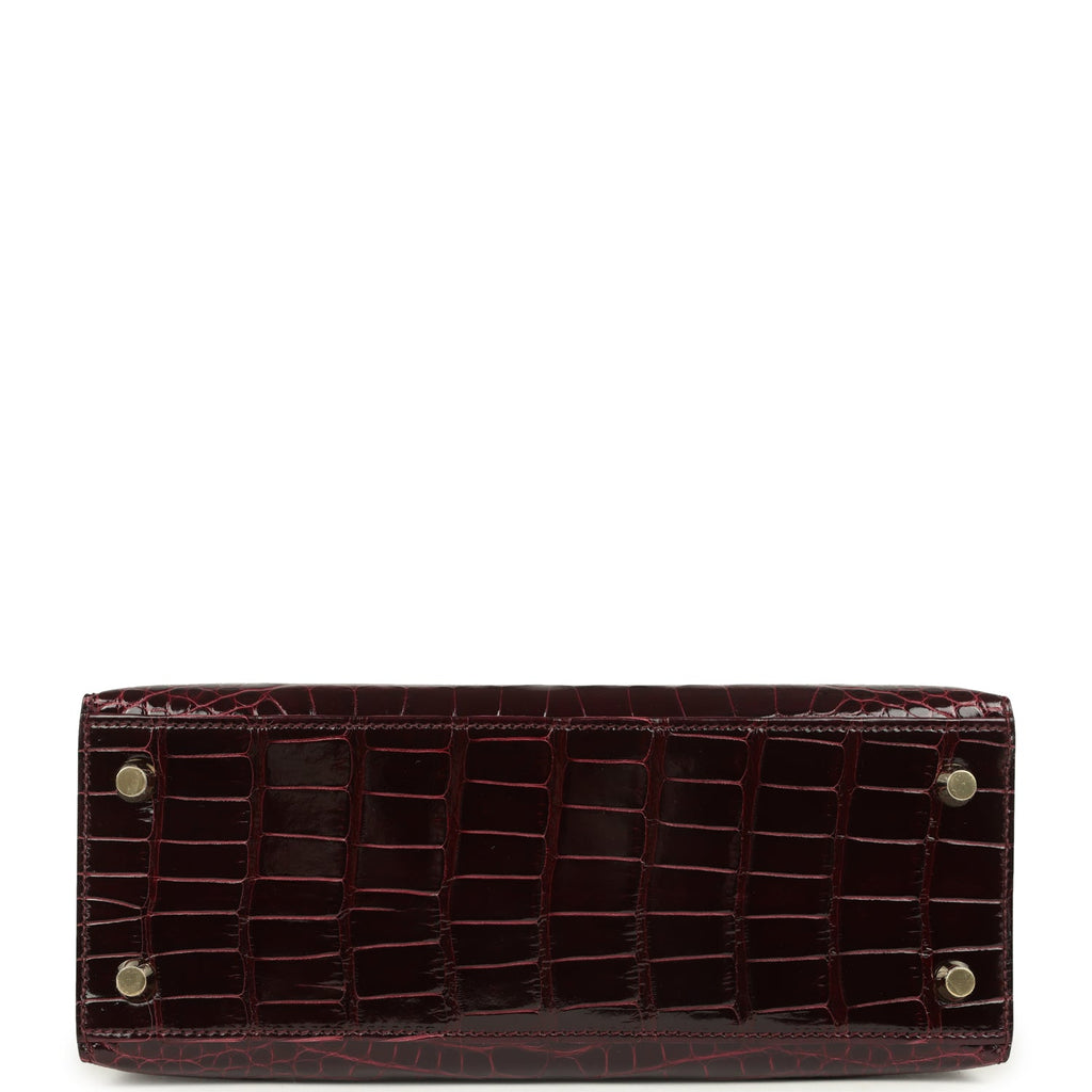 Hermes Kelly Sellier 25 Bordeaux Shiny Alligator Gold Hardware