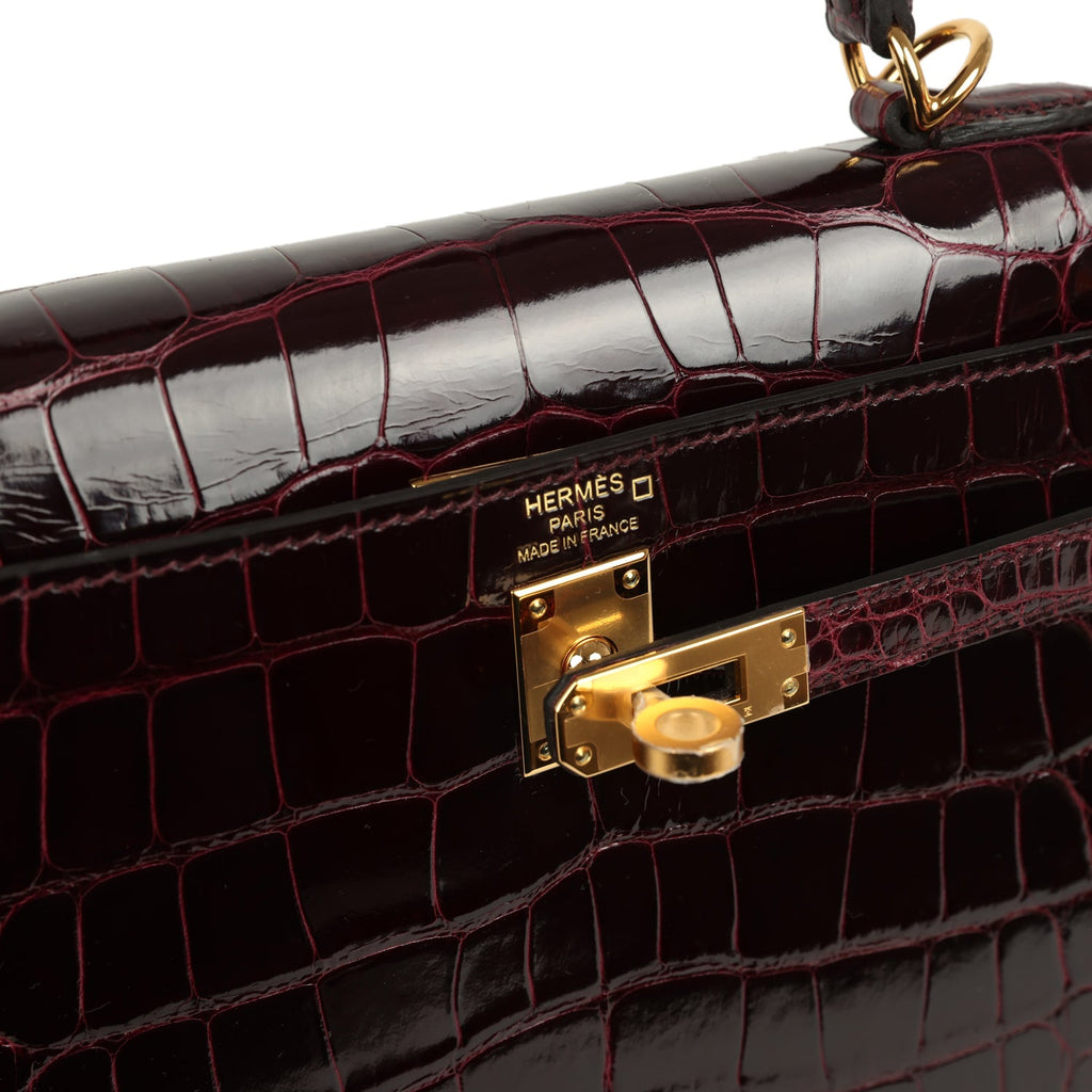 Hermes Kelly Sellier 25 Bordeaux Shiny Alligator Gold Hardware