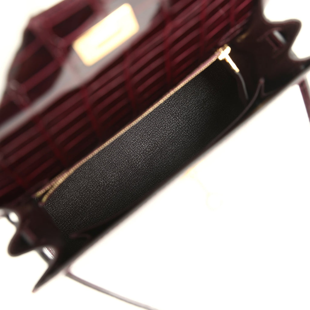 Hermes Kelly Sellier 25 Bordeaux Shiny Alligator Gold Hardware