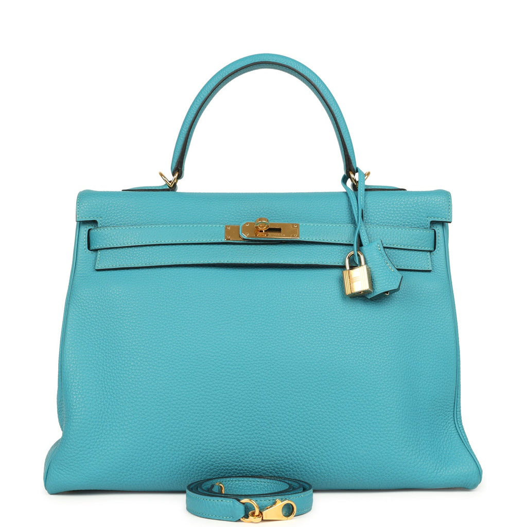 Pre-owned Hermes Kelly Retourne 35 Turquoise Togo Gold Hardware