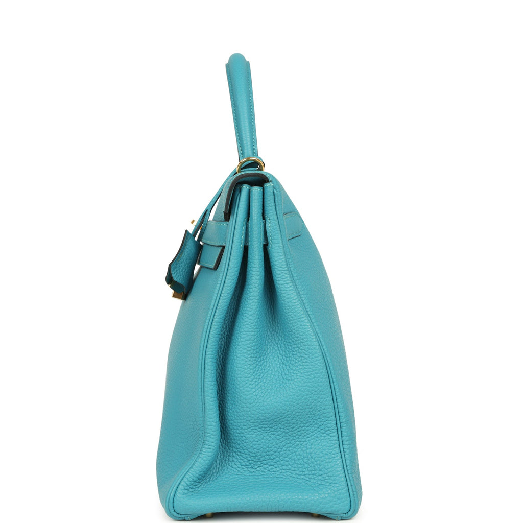 Pre-owned Hermes Kelly Retourne 35 Turquoise Togo Gold Hardware