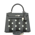 Hermes Kelly Sellier 25 Casaque Etoilee Ardoise Epsom, Black Tadelakt and Vert PepperNew Chevre Mysore Palladium Hardware