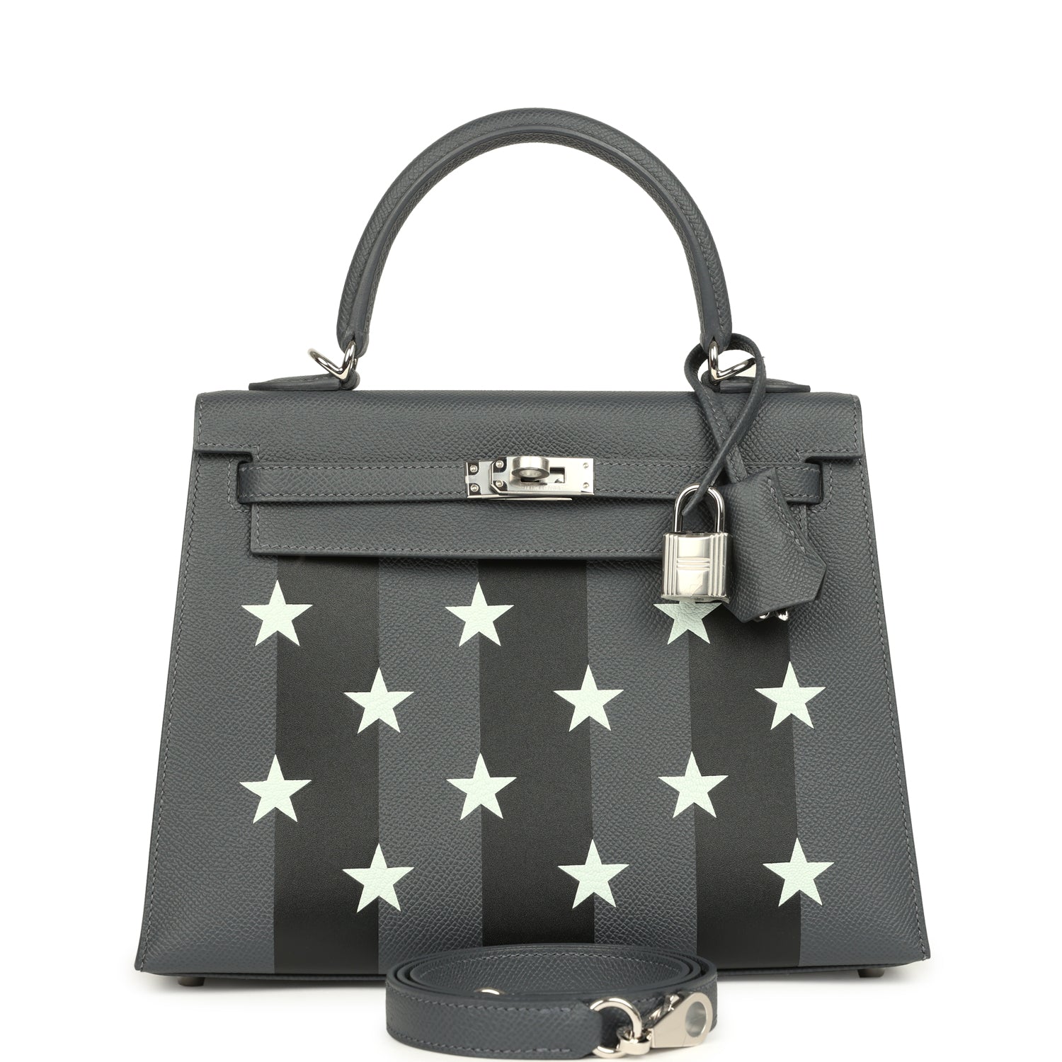 Hermes Kelly Sellier 25 Casaque Etoilee Ardoise Epsom, Black Tadelakt and Vert PepperNew Chevre Mysore Palladium Hardware