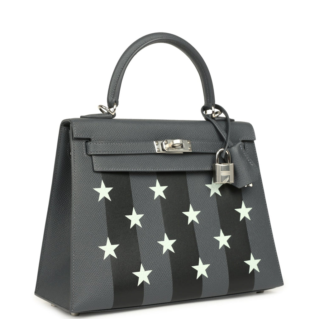 Hermes Kelly Sellier 25 Casaque Etoilee Ardoise Epsom, Black Tadelakt and Vert PepperNew Chevre Mysore Palladium Hardware