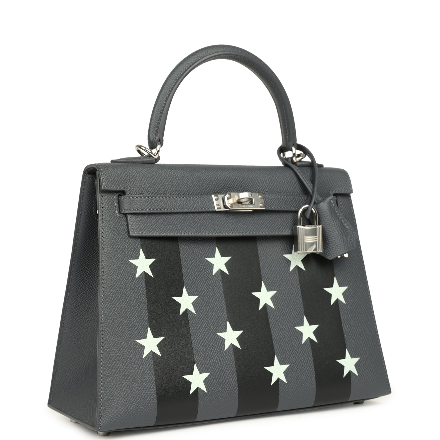 Hermes Kelly Sellier 25 Casaque Etoilee Ardoise Epsom, Black Tadelakt and Vert PepperNew Chevre Mysore Palladium Hardware