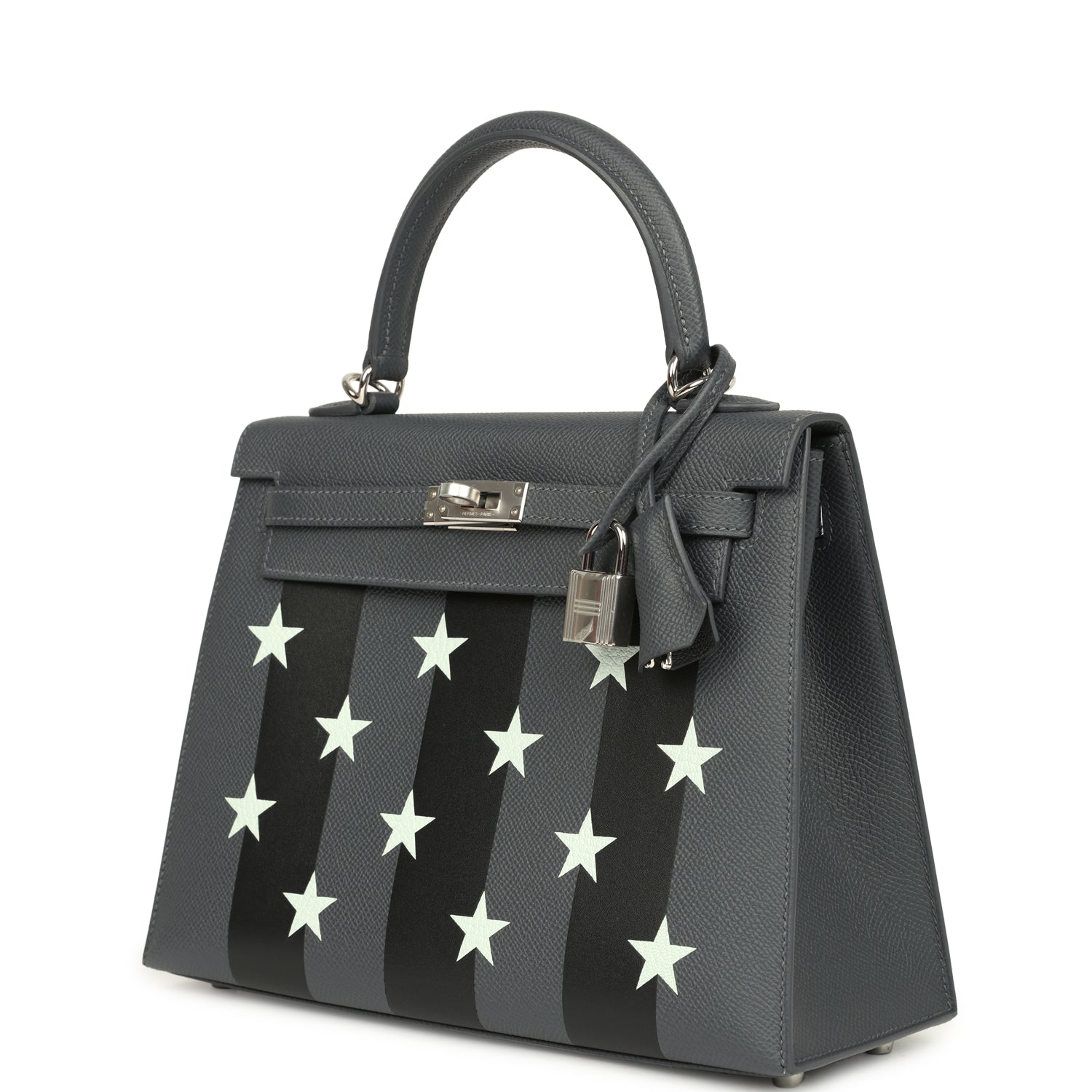 Hermes Kelly Sellier 25 Casaque Etoilee Ardoise Epsom, Black Tadelakt and Vert PepperNew Chevre Mysore Palladium Hardware