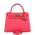 Pre-owned Hermes Kelly Sellier 28 Rose Extreme Epsom Palladium Hardware
