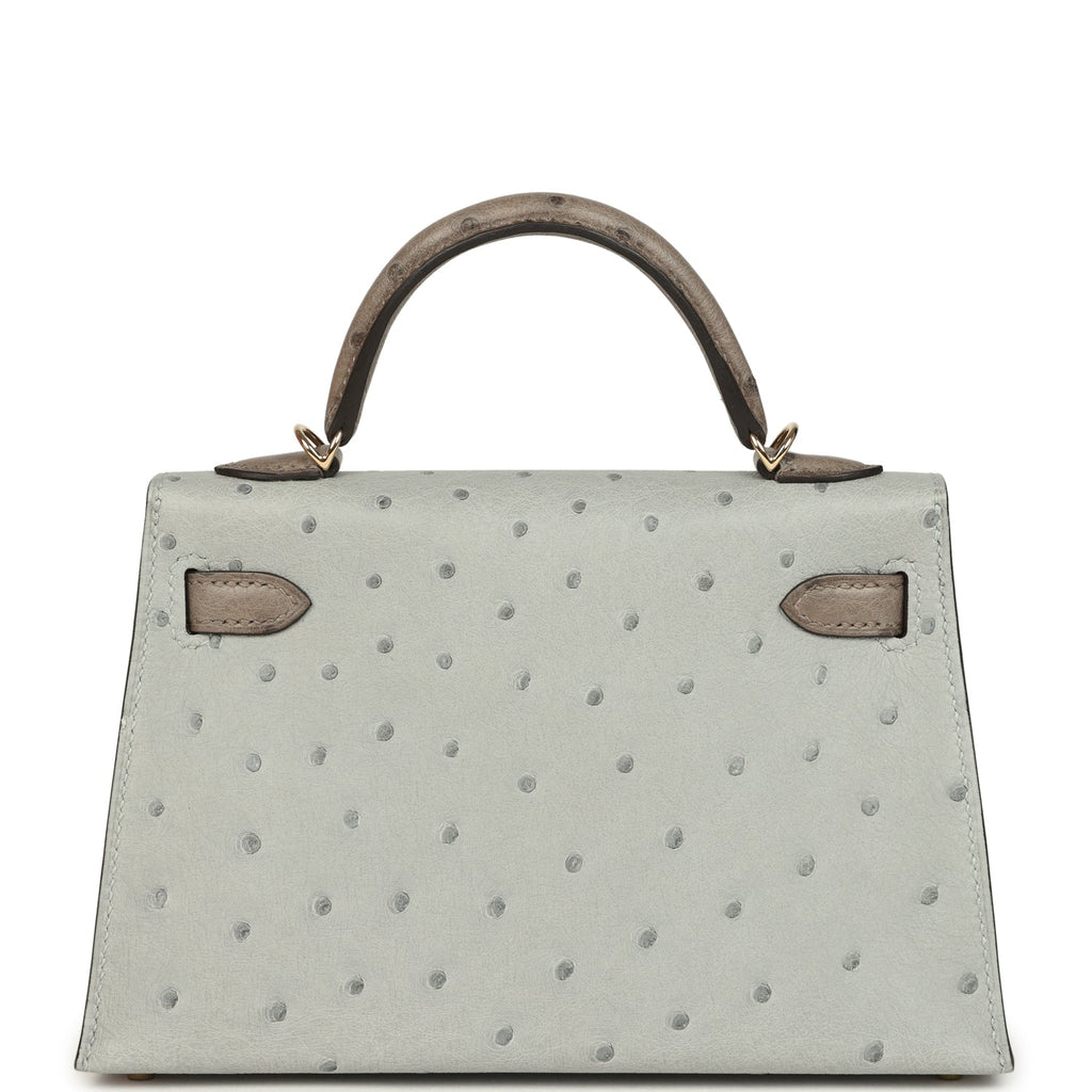 Hermes Special Order (HSS) Kelly Sellier 20 Bleu Glacier and Gris Tourterelle Ostrich Permabrass Hardware
