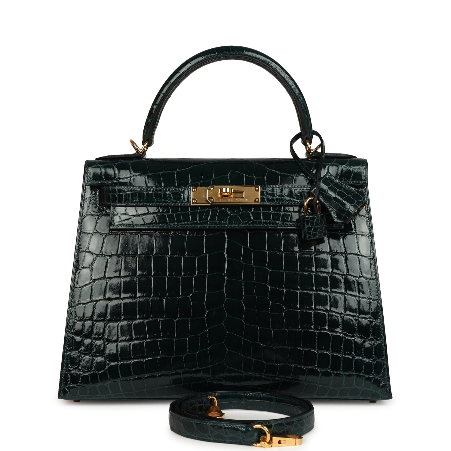 Pre-owned Hermes Kelly Sellier 28 Vert Cypres Shiny Niloticus Crocodile Gold Hardware