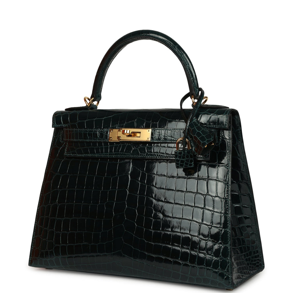 Pre-owned Hermes Kelly Sellier 28 Vert Cypres Shiny Niloticus Crocodile Gold Hardware