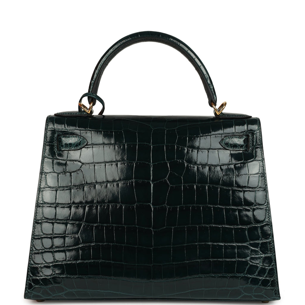 Pre-owned Hermes Kelly Sellier 28 Vert Cypres Shiny Niloticus Crocodile Gold Hardware